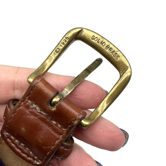 1995 Land's End 37866 Navy Blue Stretch Brown Leather Brass Buckle Belt Men's 38 - Picture 13 of 16